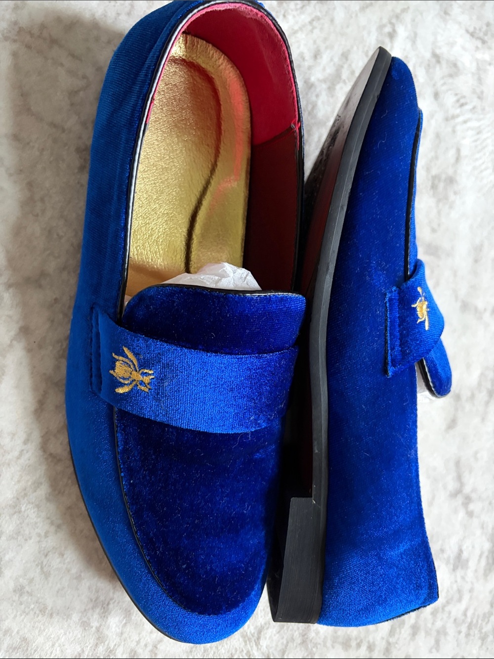 Royal Blue Velvet Loafers with Gold Embroidery wasp size 43 9.5/10